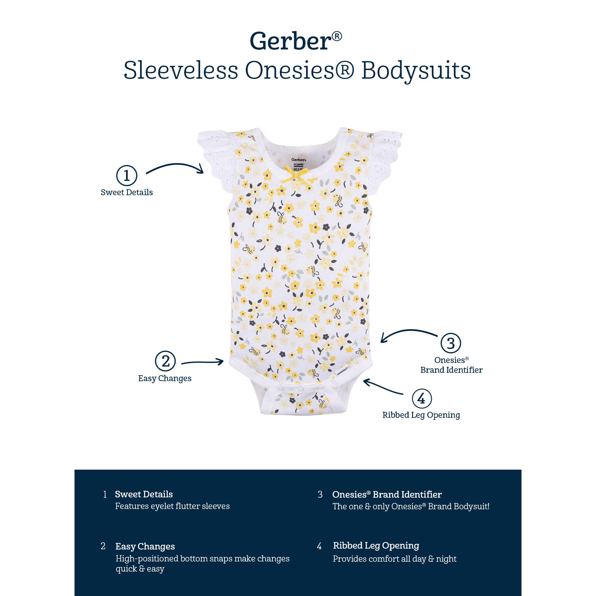Gerber Baby Girl Tank Onesies Bodysuits, 4-Pack, Sizes Newborn - 24 Months