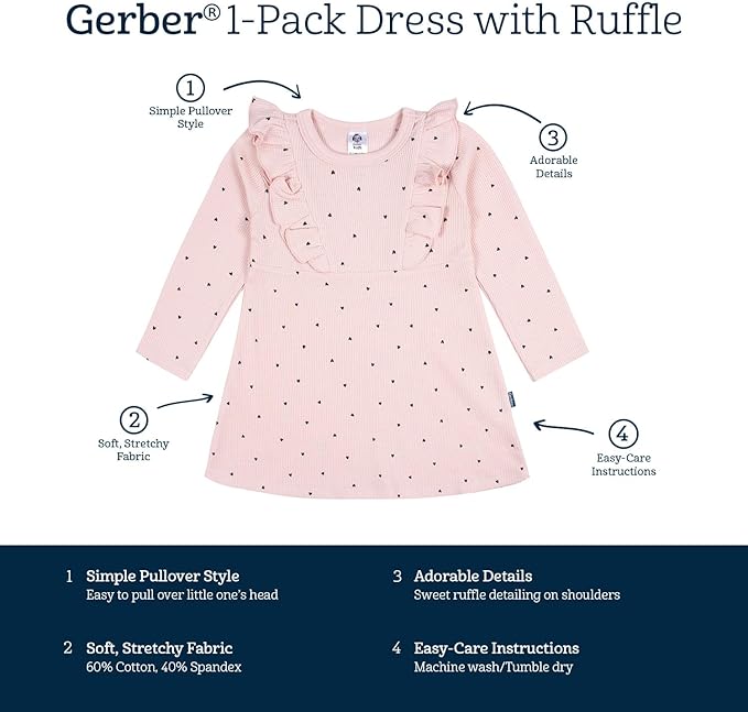 Gerber Baby Girls' Toddler Long Sleeve Dress with Ruffle Detail SIZE 4T