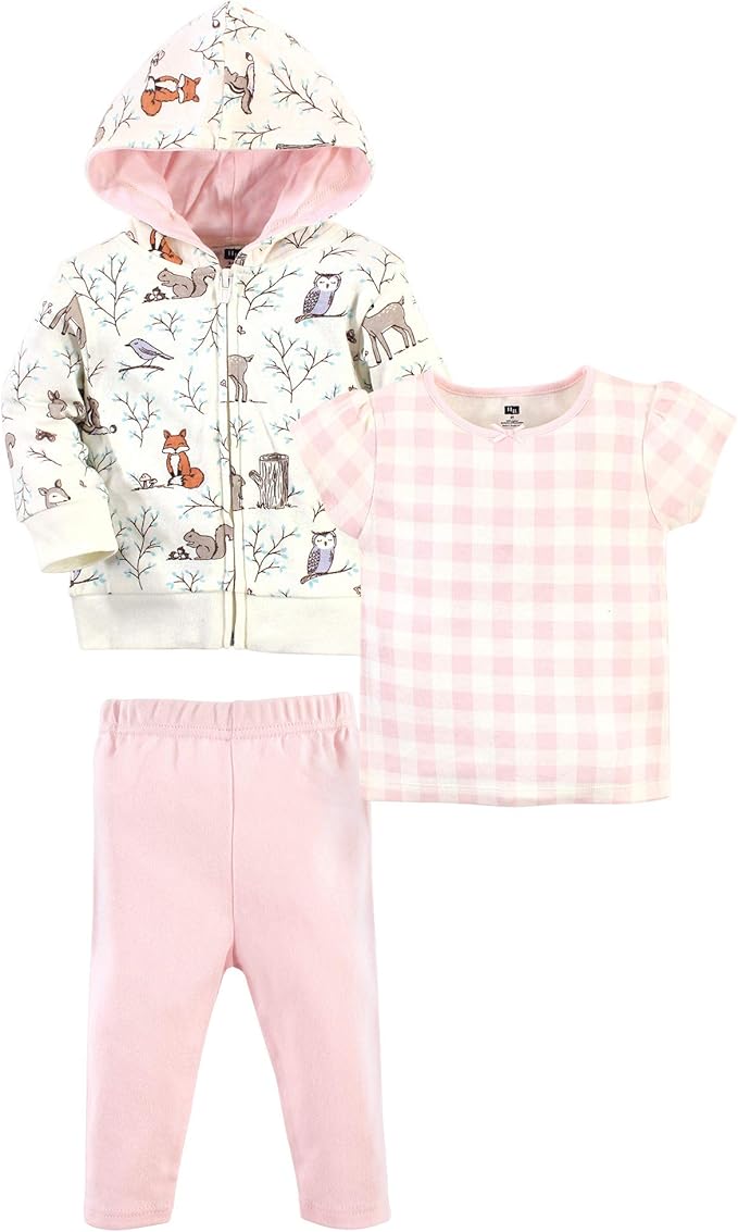 Hudson Baby Girl Baby Cotton Hoodie, Bodysuit or Tee Top and Pant Set