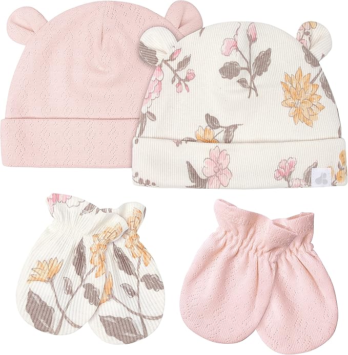 Just Born Baby Girl or Boy or Unisex Caps & Mittens Set, 4-Piece (0-6 Months)