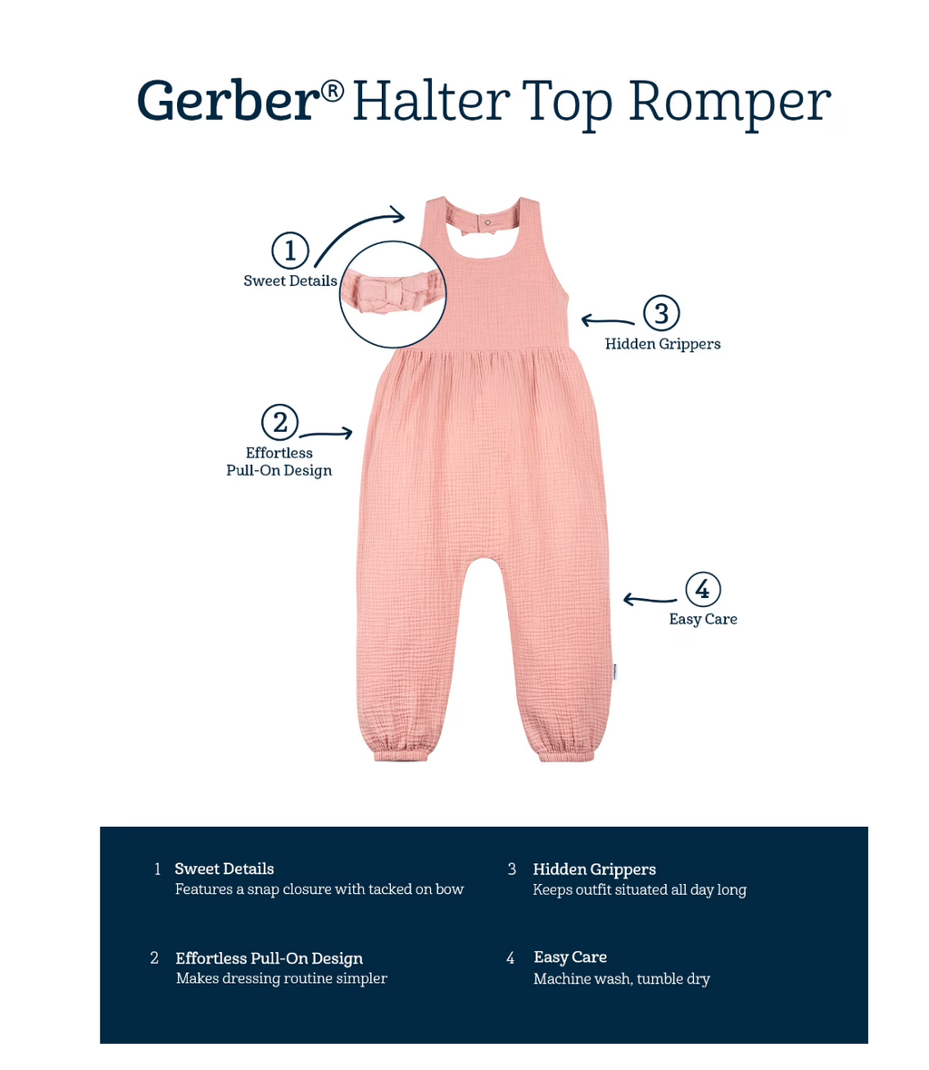 Gerber Toddler Girl Halter Neck Romper, Sizes 2T-5T