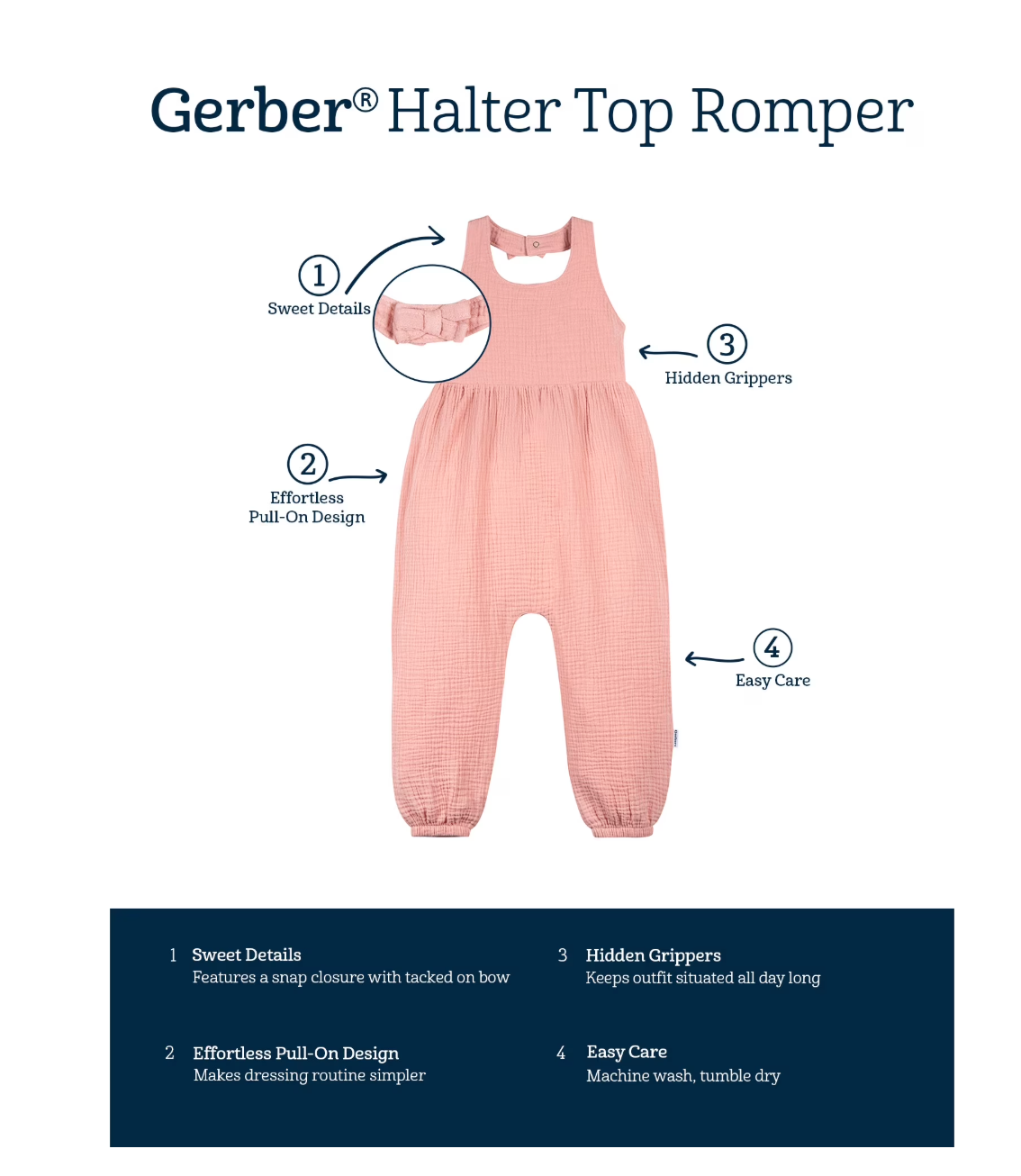 Gerber Toddler Girl Halter Neck Romper, Sizes 2T-5T